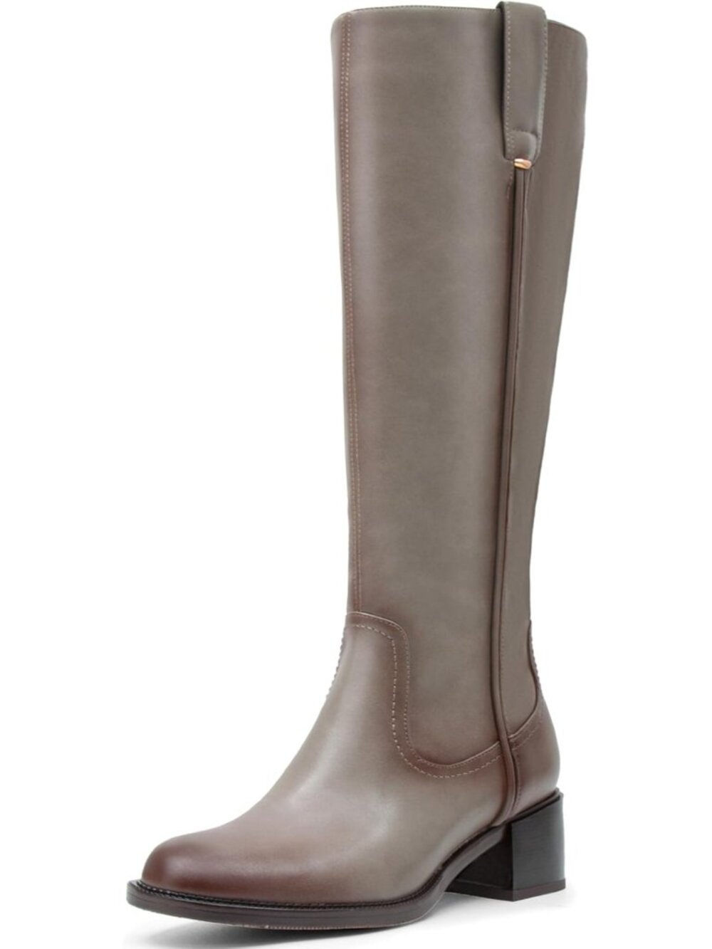 Women's Grey Knee High Boots Chunky Heel Tall Riding Boots Leather Round Toe